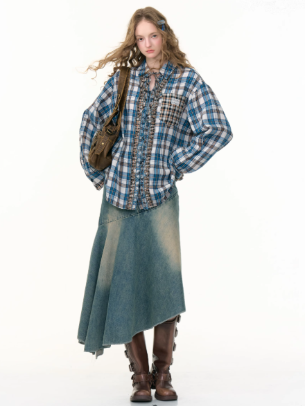 ZiziFei - Oversized Vintage Plaid Shirt with Ruffles