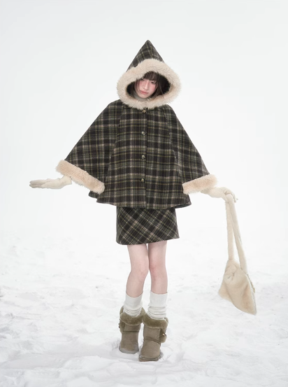 達淵如 - Plaid Cape With Fur Set