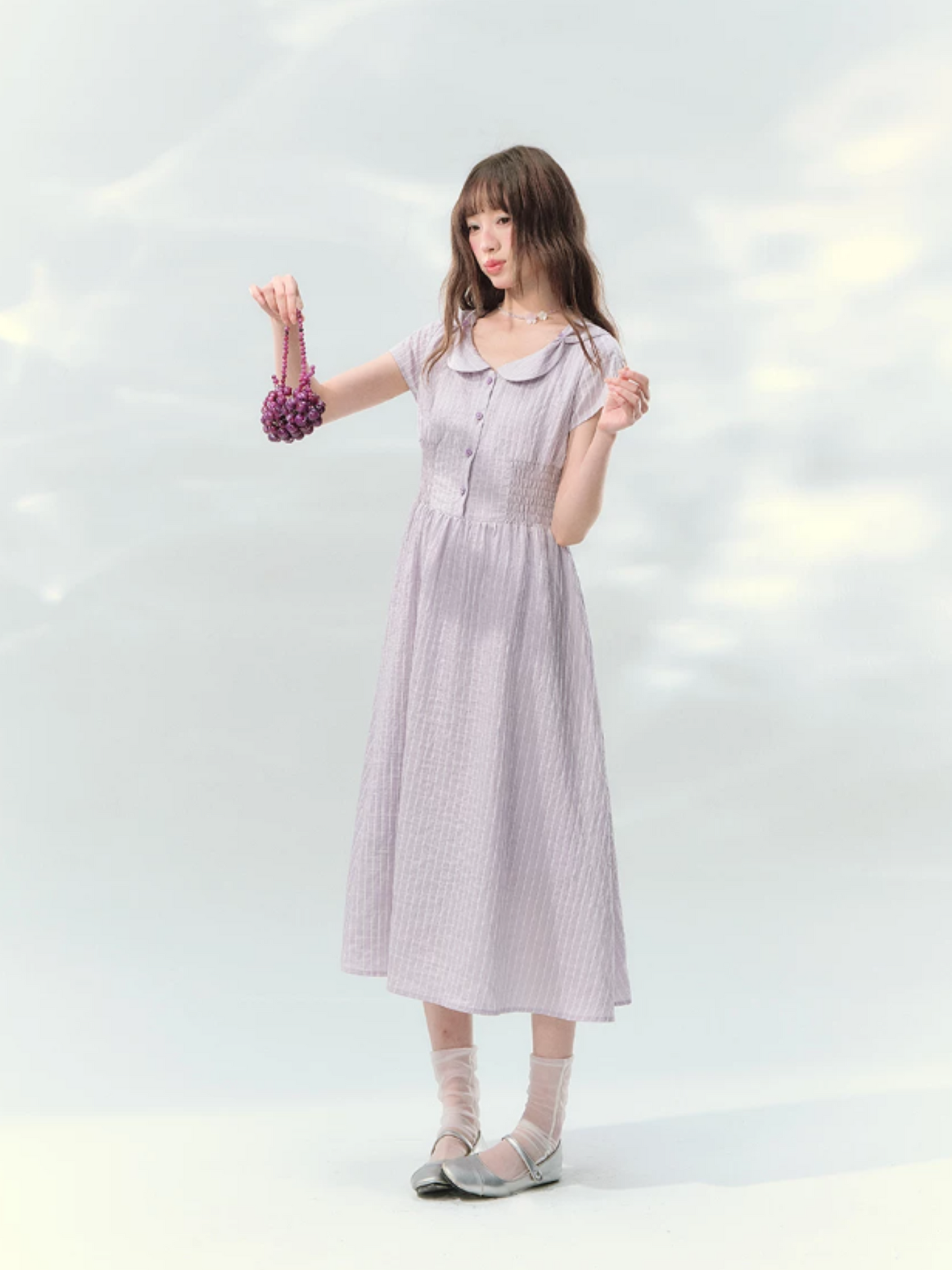 “Lavender Tea Mist” Lilac Stripe Puff Sleeve Dress LL2026137