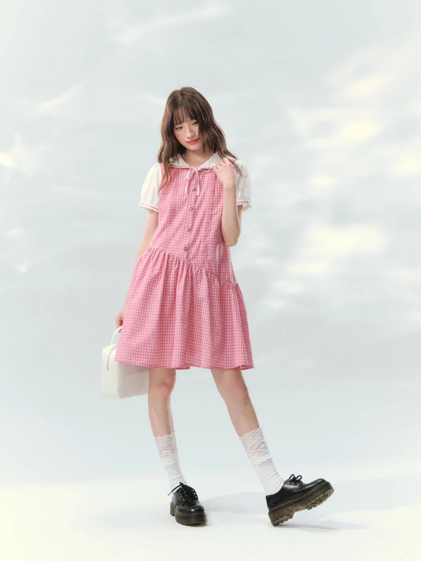 “Peach Plaid Academy” Pink Plaid Peter Pan Dress LL2026152