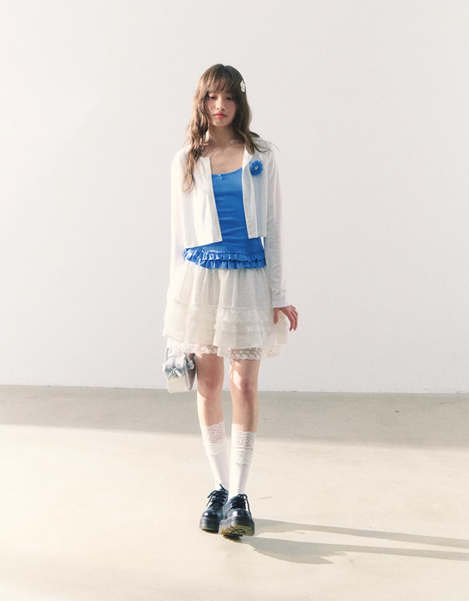 罐头粪便 - Sweet Bow Waist Design Multi-Layer Lace A-Line Skirt