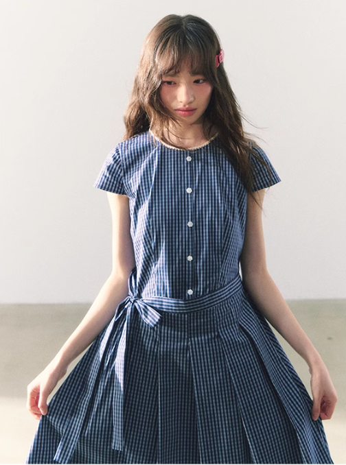 罐头粪便 - Summer Picnic Gingham Mini Dress – Short Sleeves & Waist Tie Detail