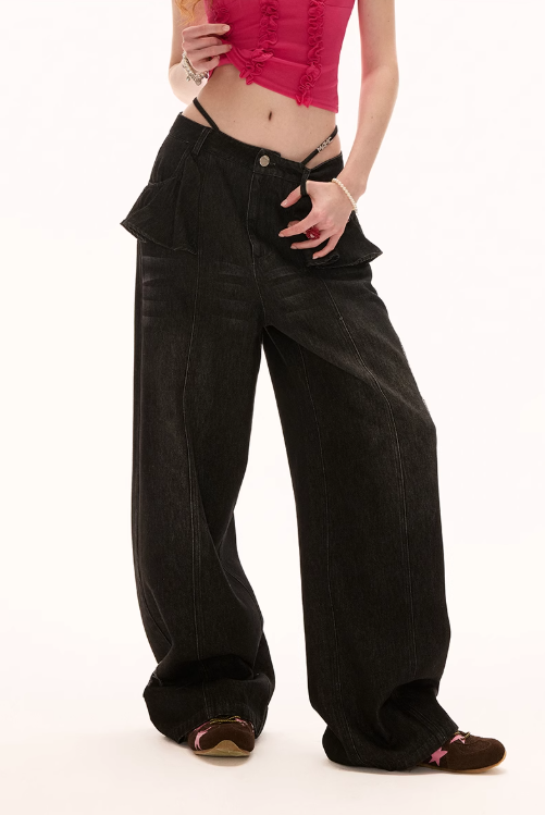 MAMC - Ruffle-Side Wrap Tie Straight Jeans – Edgy Y2K Slim Fit in Blue & Black