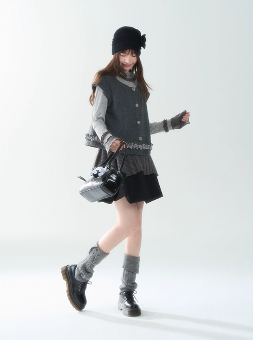 罐头士多所 - Soft Wave Contrast Color Ruffle Edge Knit Cardigan
