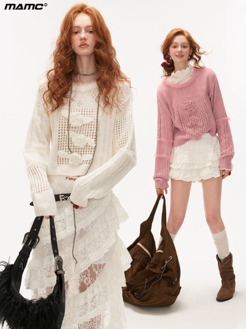 MAMC - 3D Rose Faux Fur Collar Knit Sweater