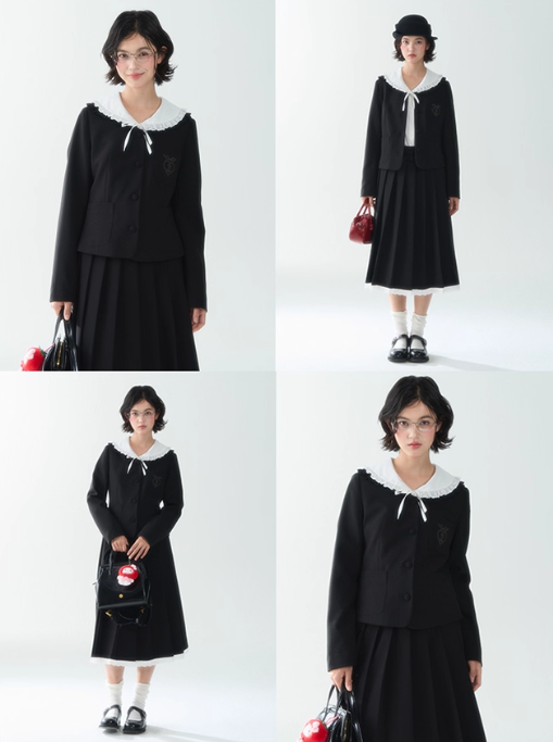 罐头士多所 - "Autumn Scholar" Embroidered Waist-Cinching Collar Coat & Black Skirt Set