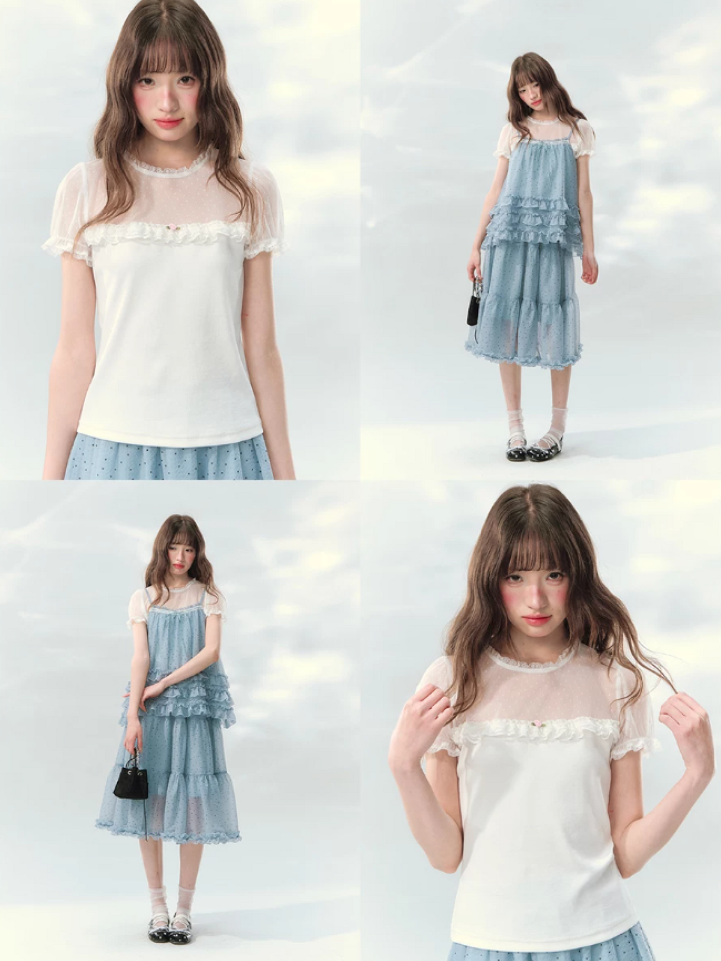 “Soft Candy Stardust” Lace Mesh Puff Sleeve Tee LL2026149