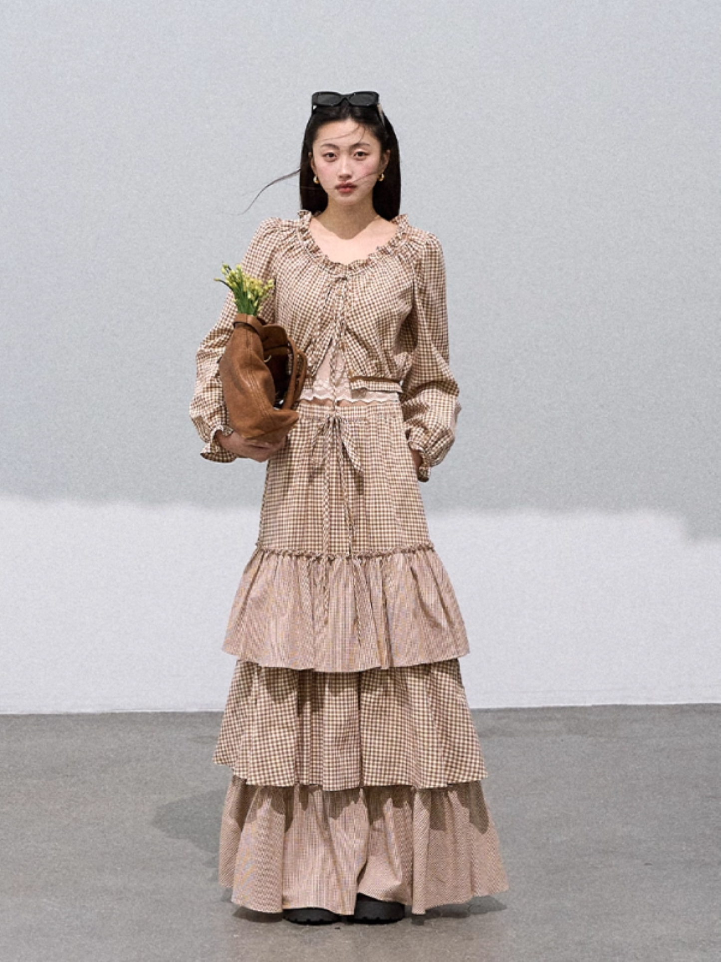 OAKMOO - "Iris Meadow" Tie-Detail Cotton Top & Tiered Skirt Set 25Q421