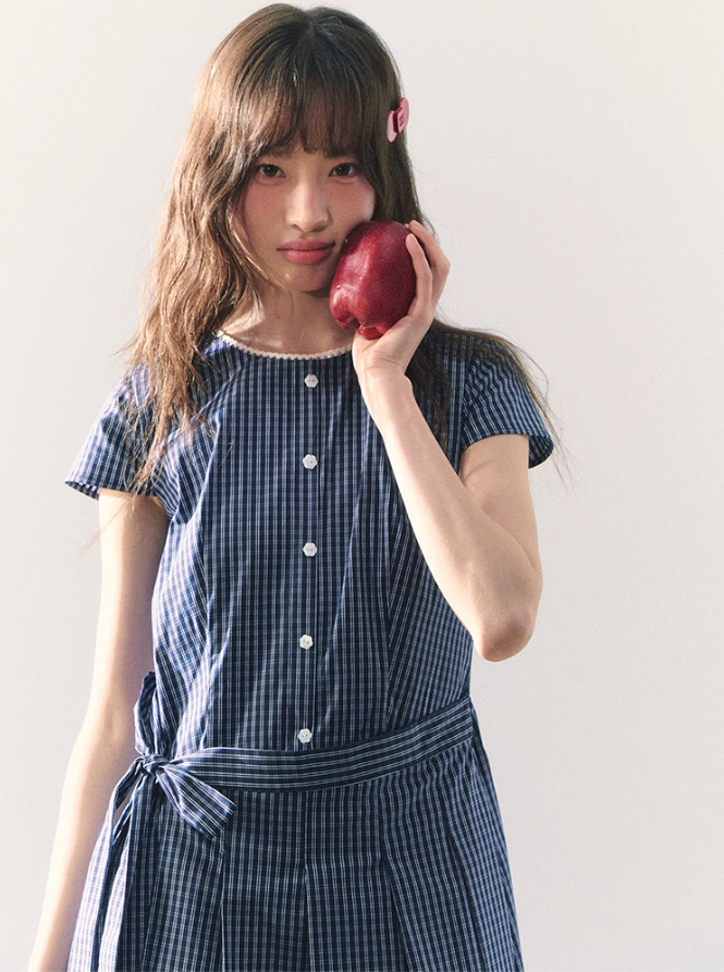 罐头粪便 - Summer Picnic Gingham Mini Dress – Short Sleeves & Waist Tie Detail
