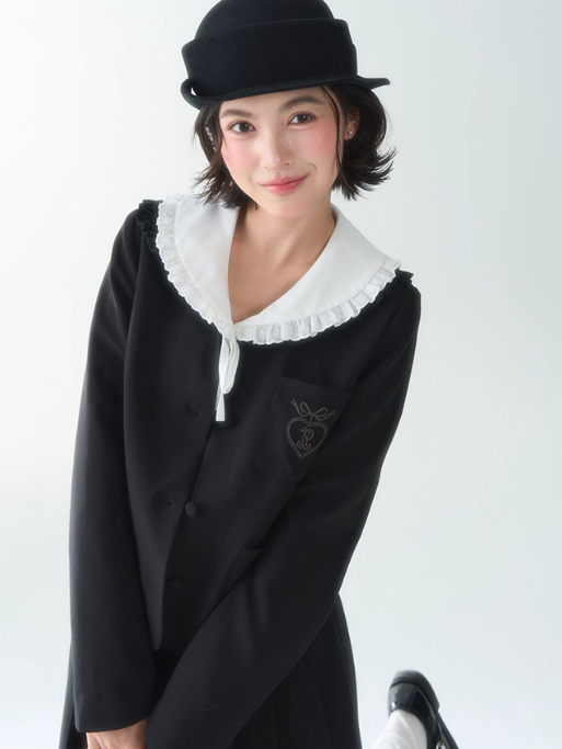 罐头士多所 - "Autumn Scholar" Embroidered Waist-Cinching Collar Coat & Black Skirt Set