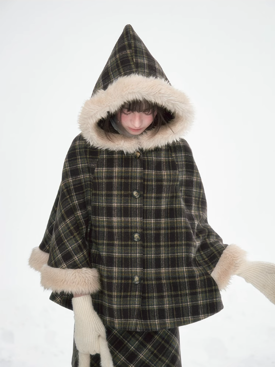 達淵如 - Plaid Cape With Fur Set