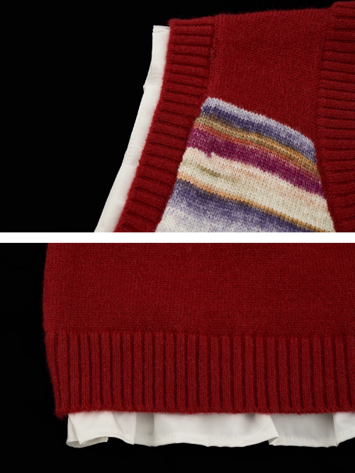 MAMC - Frill Glitch Striped Knit Vest – Red/ Coral Pink