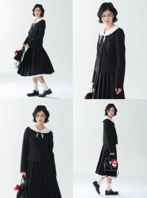 罐头士多所 - "Autumn Scholar" Embroidered Waist-Cinching Collar Coat & Black Skirt Set