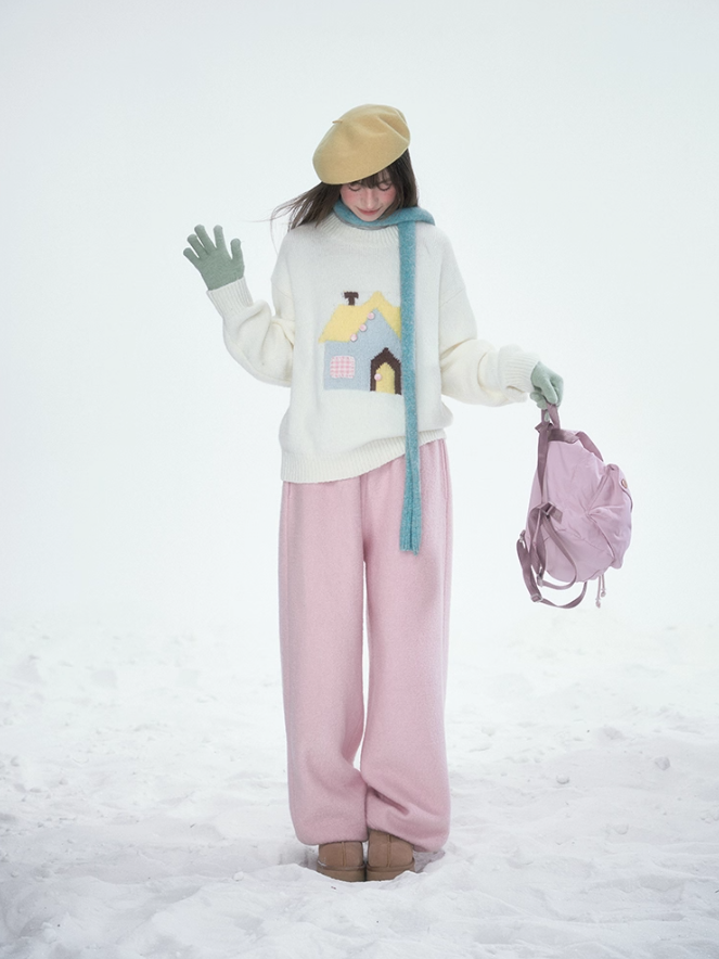 罐头士多所 Wool-Blend Elastic Waist Pink Trousers