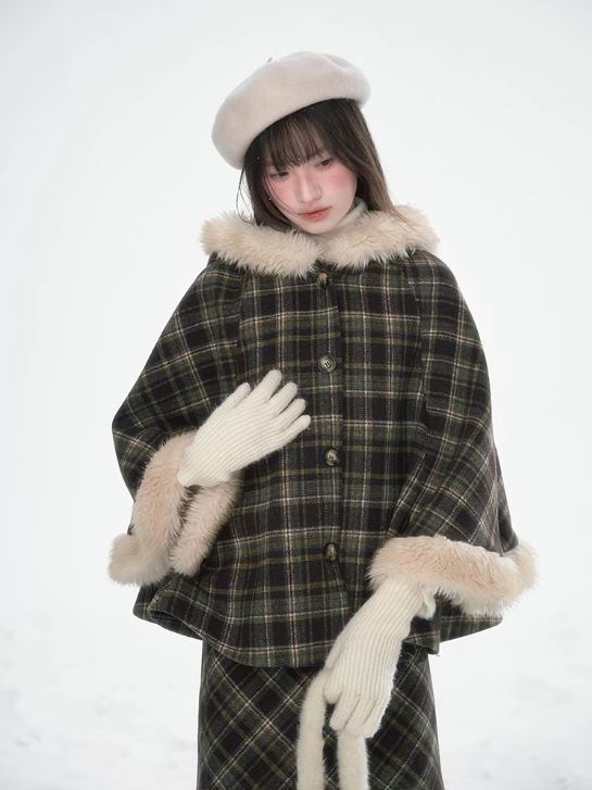 達淵如 - Plaid Cape With Fur Set