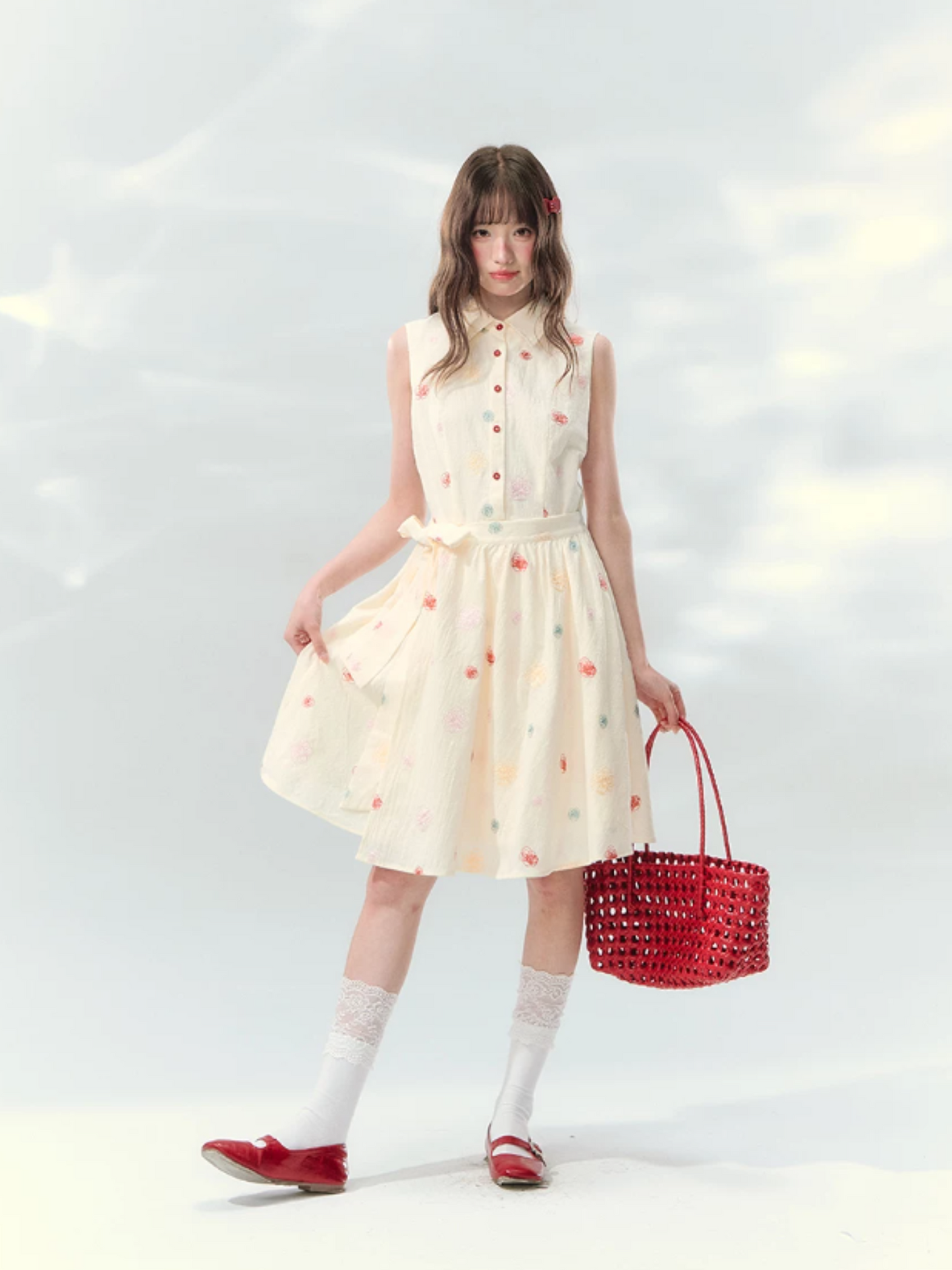 “Twin Bloom Letters” Cream Rose Embroidered Shirt Dress LL2026139