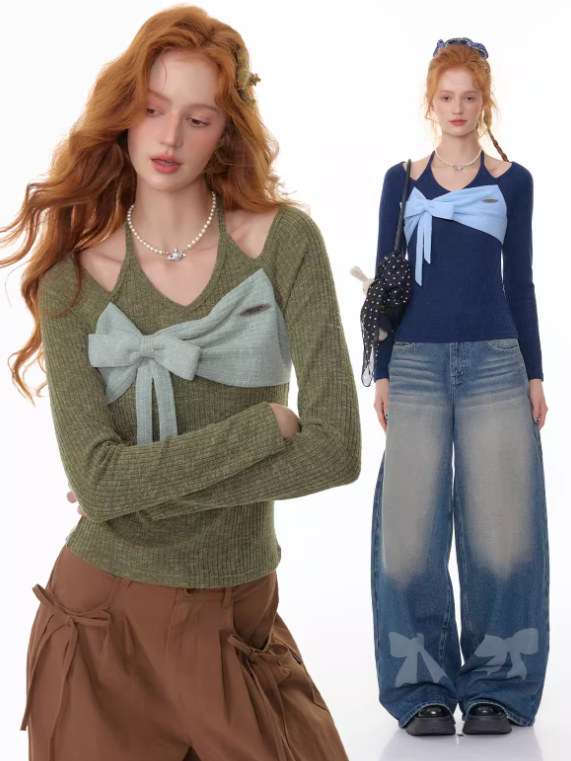 ZiziFei - Halter Ribbed Knit Top with Bow Detail – Green / Blue