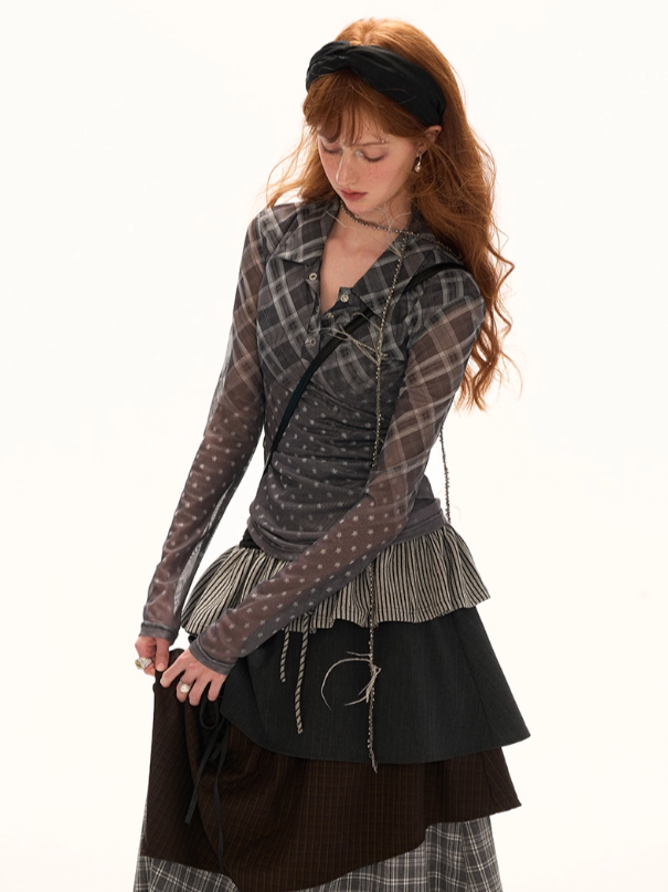 MAMC - Gradient Mesh Plaid Long-Sleeve Top