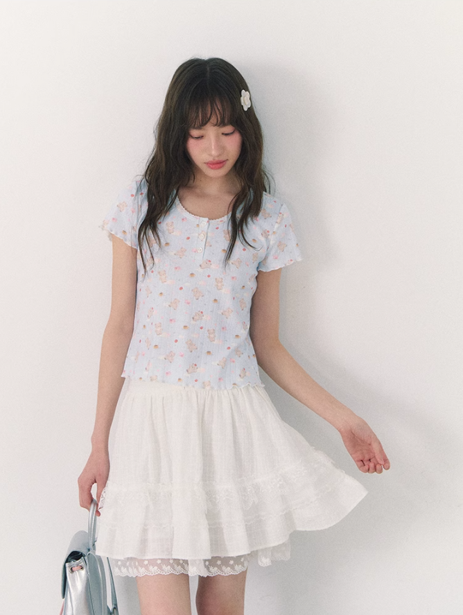 罐头粪便 - Sweet Bow Waist Design Multi-Layer Lace A-Line Skirt