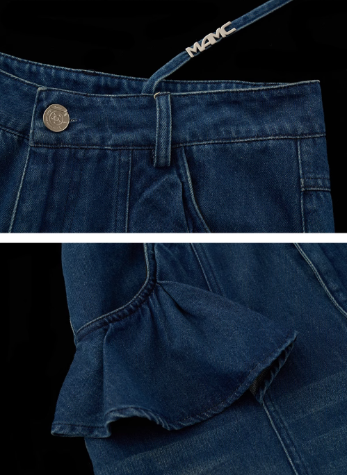 MAMC - Ruffle-Side Wrap Tie Straight Jeans – Edgy Y2K Slim Fit in Blue & Black