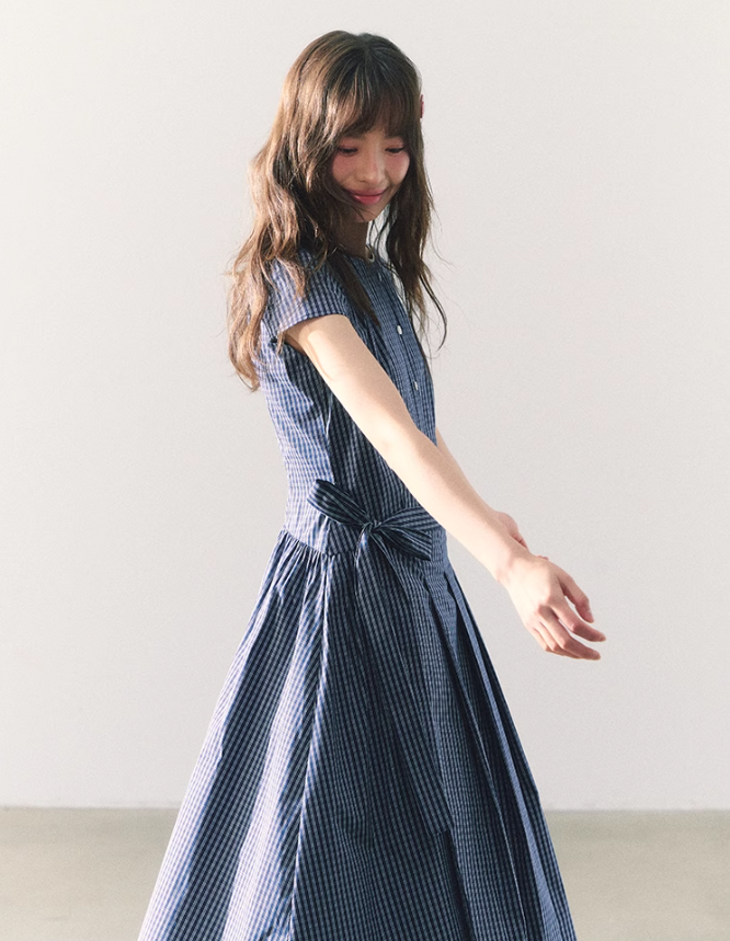 罐头粪便 - Summer Picnic Gingham Mini Dress – Short Sleeves & Waist Tie Detail