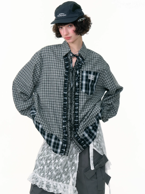ZiziFei - Vintage-Inspired Black & White Plaid Ruffle Shirt