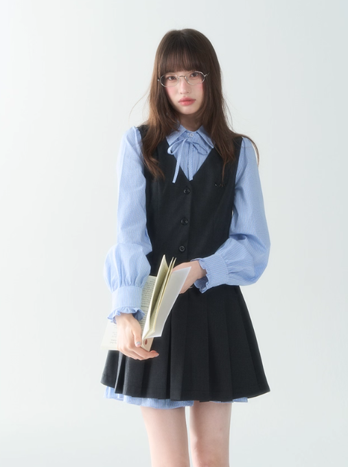 罐头士多所 - "Blue Elegance" Color-Blocked Pleated Long Sleeve Dress