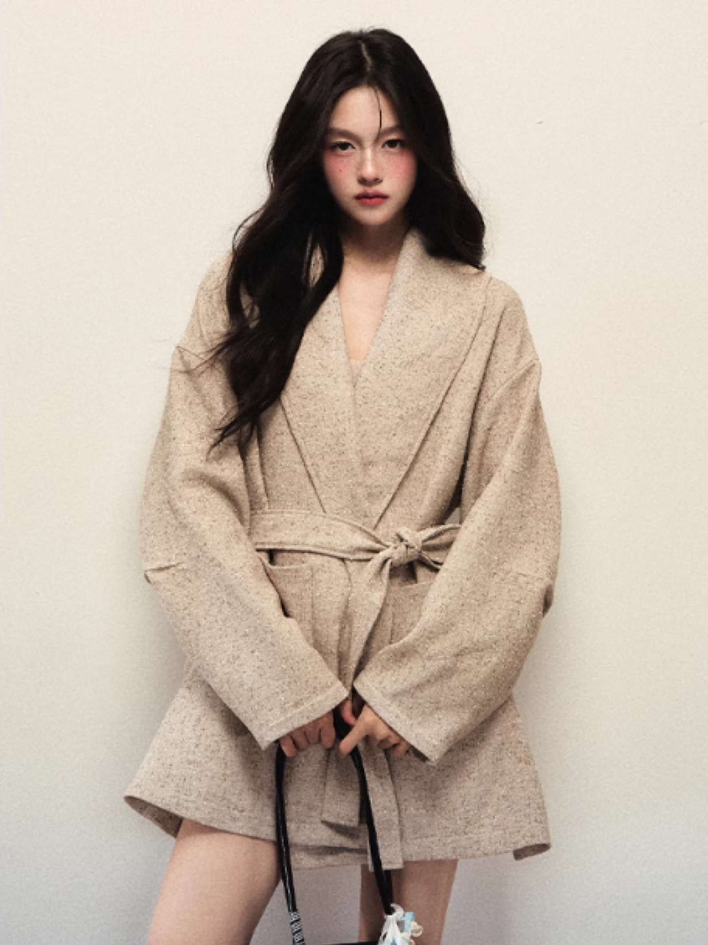 1P - Apricot Woolen Belted Coat & Tube Dress Set