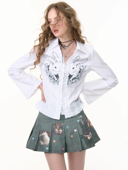 ZiziFei - White Bunny Graphic Blouse – Slim Fit Retro Y2K Long Sleeve Shirt