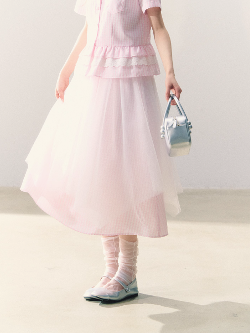 罐头士多所 - 樱绯雨 Pink Gingham Lace Shirt & Tulle-Accented Skirt Set
