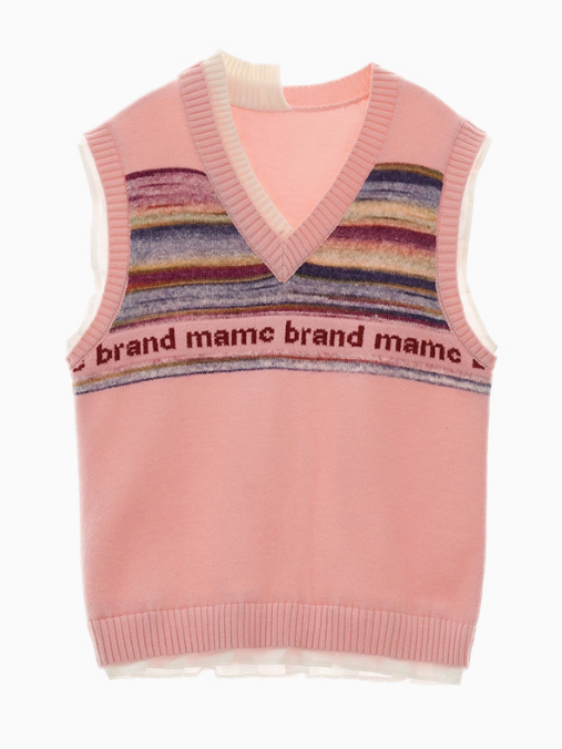 MAMC - Frill Glitch Striped Knit Vest – Red/ Coral Pink