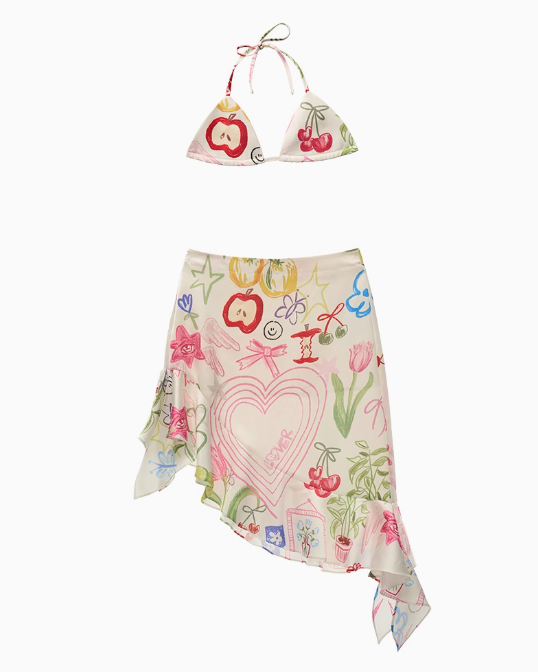MAMC - Graffiti Asymmetric 2-Piece Resort Set – Artistic Bikini Top & Skirt