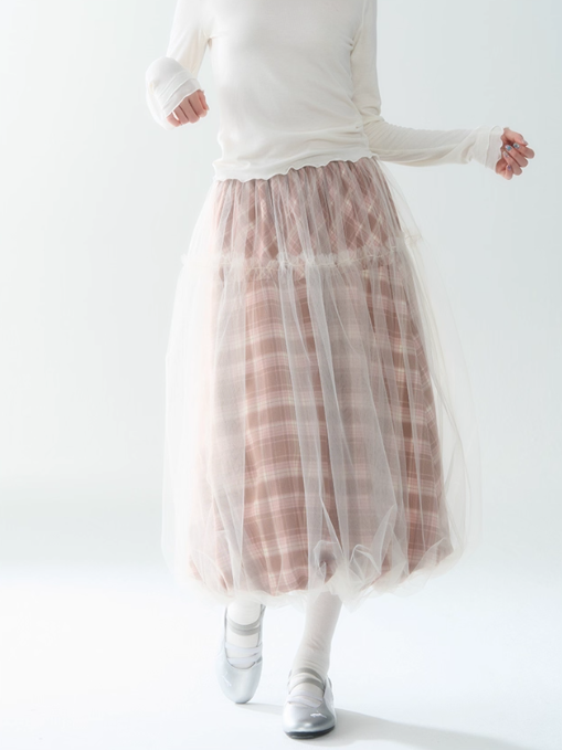 罐头士多所 - Layered Tulle Checkered Midi Skirt
