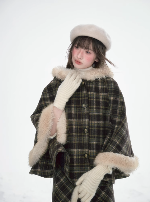 達淵如 - Plaid Cape With Fur Set