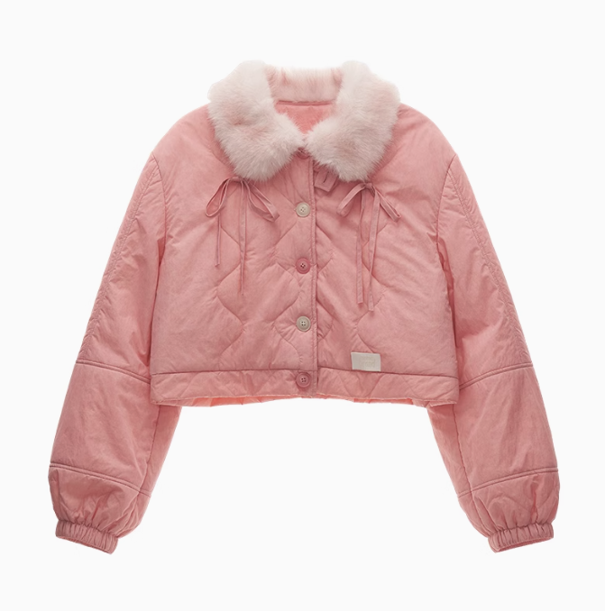 MAMC - Pink Quilted Faux Fur Bomber Jacket with Ribbon Detail