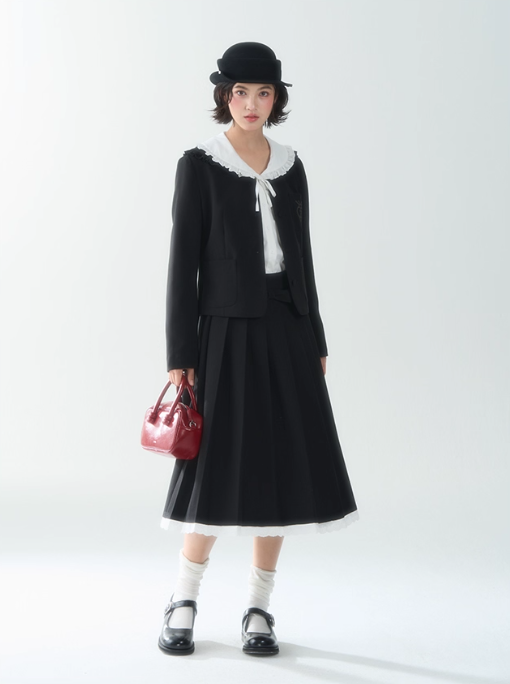 罐头士多所 - "Autumn Scholar" Embroidered Waist-Cinching Collar Coat & Black Skirt Set