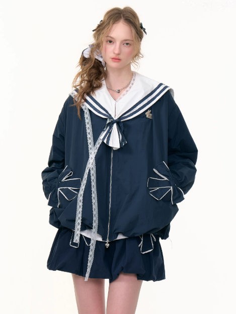 ZiziFei - Navy Sailor Zip-Up Jacket – Sporty Y2K Windbreaker with Bows