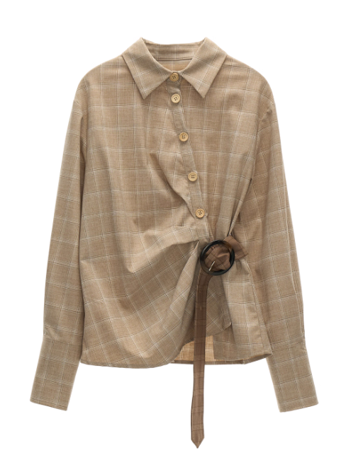 MAMC - Taupe Houndstooth Ring-Belt Shirt – Cinched Waist Fall Streetwear Blouse