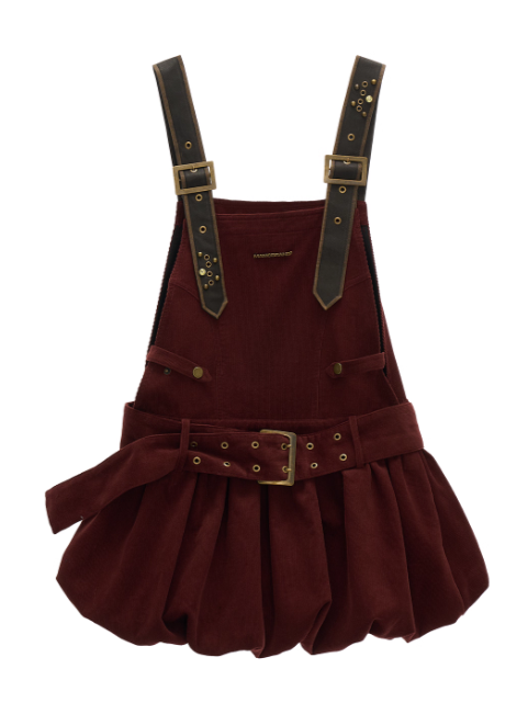 MAMC - Wine Red Corduroy Buckle Strap Mini Dress