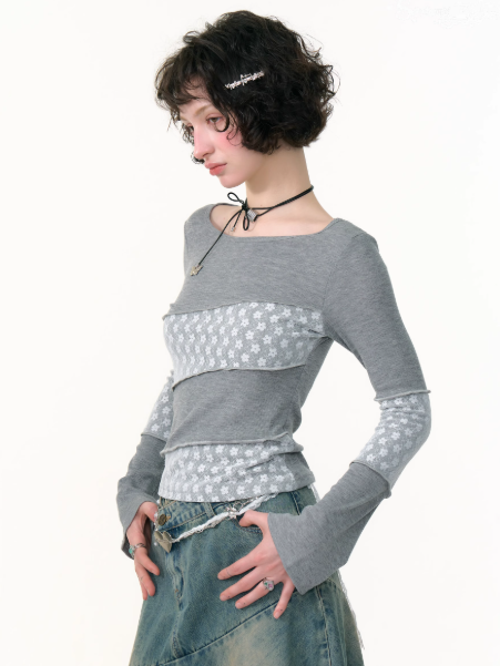 ZiziFei - Lace Panel Knit Long Sleeve – Slim Fit Retro Y2K Top
