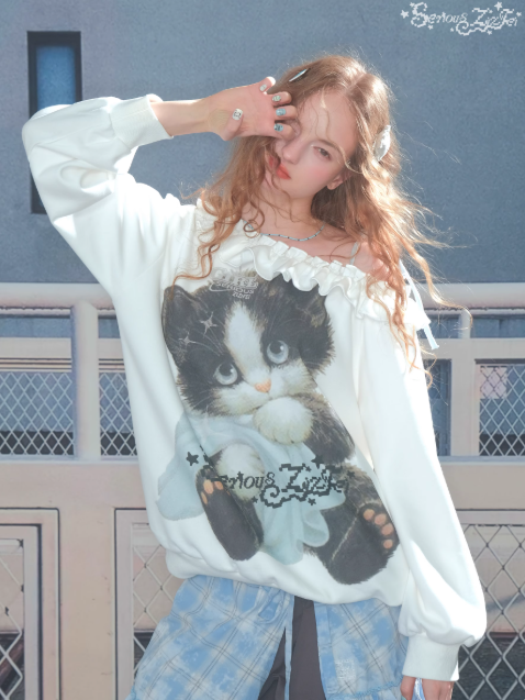 ZiziFei - Retro-Futuristic Cat-Print Off‑Shoulder Sweatshirt