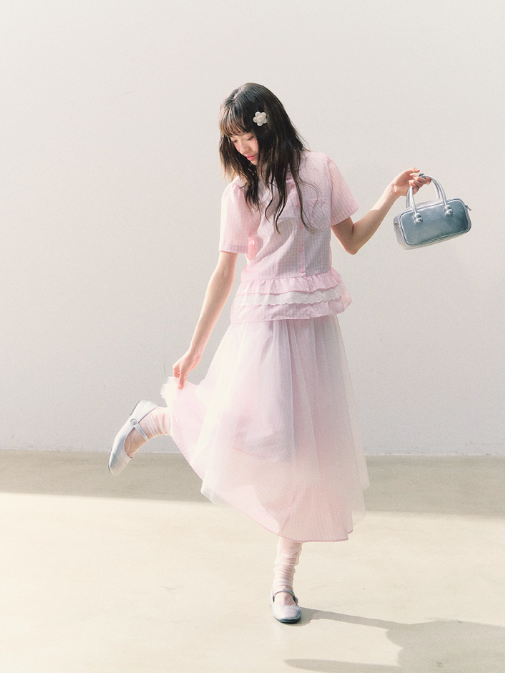 罐头士多所 - 樱绯雨 Pink Gingham Lace Shirt & Tulle-Accented Skirt Set