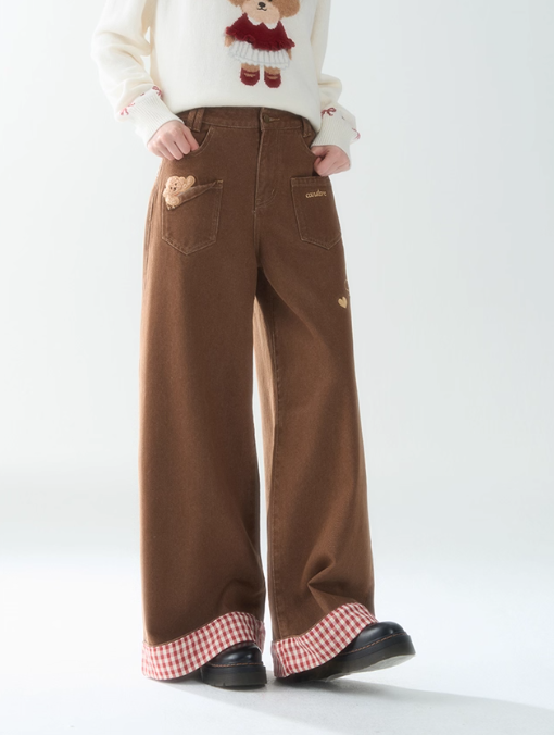 罐头士多所 - "Caramel Teddy" Embroidered Patchwork Pants