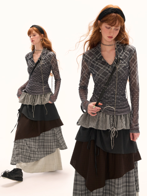 MAMC - Gradient Mesh Plaid Long-Sleeve Top