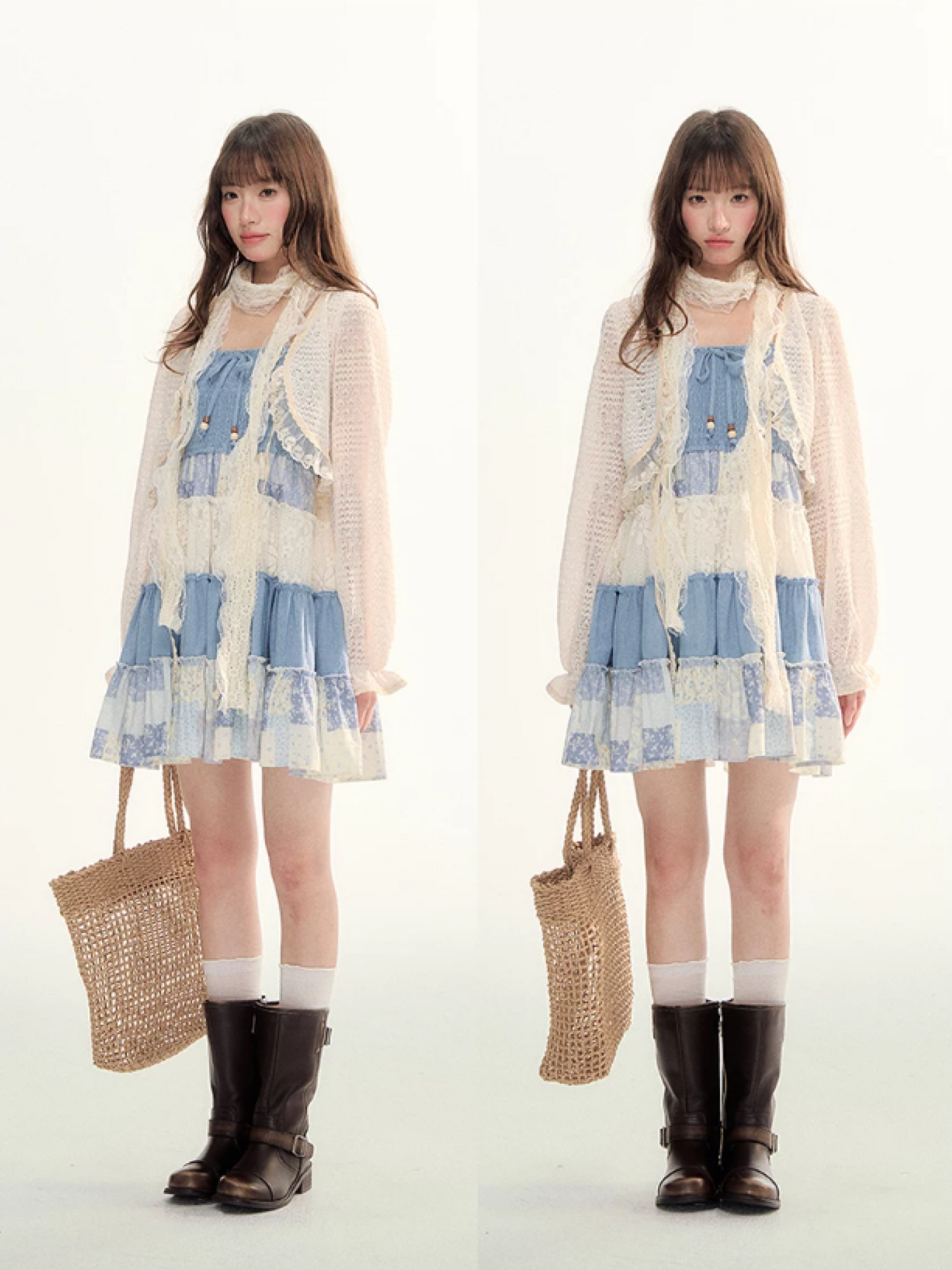Blue Patchwork Tiered Smocked Dress LL2026106