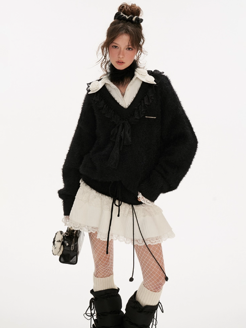 MAMC - V-Neck Ruffle Ribbon Knit Sweater