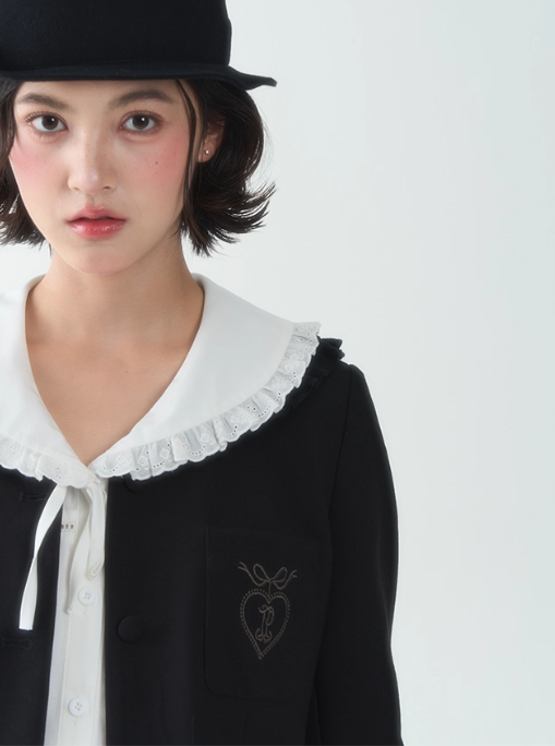 罐头士多所 - "Autumn Scholar" Embroidered Waist-Cinching Collar Coat & Black Skirt Set