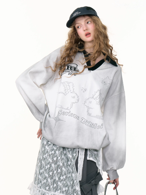 ZiziFei - Y2K Gradient Bunny V-Neck Sweatshirt – Polo Style Drawstring Pullover