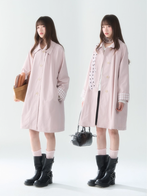 罐头士多所 - Peach Cream Plaid Trench Coat