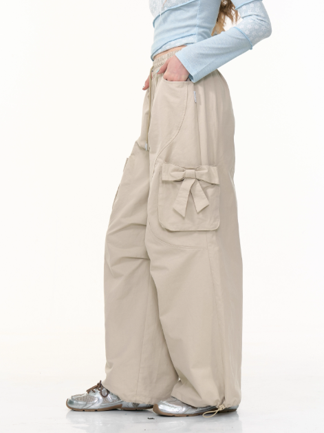 ZiziFei - Khaki Bow Cargo Pants – High Waist Wide Leg Retro Streetwear